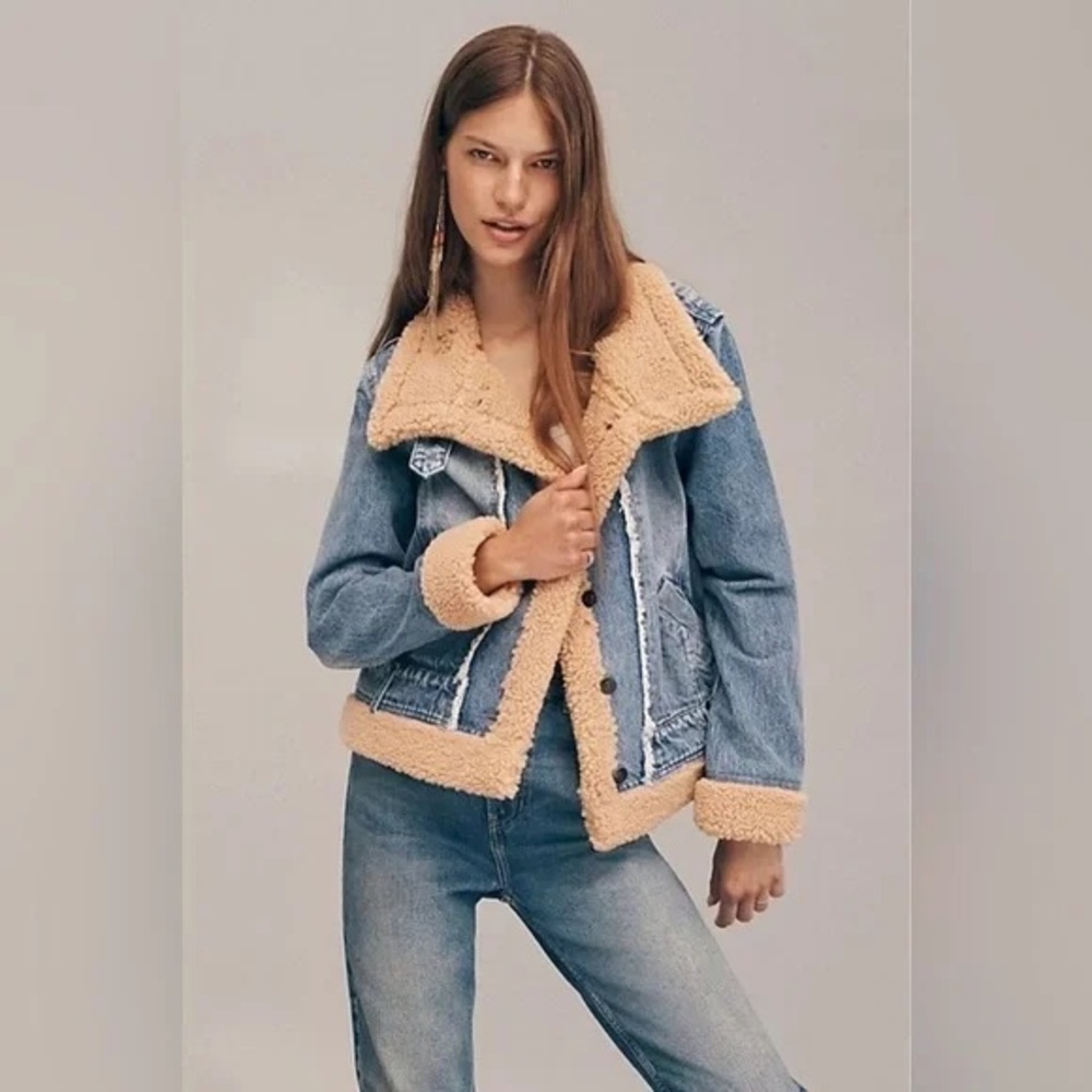 Free People We The Free Rylee Cozy Moto Jacket Denim Shearling Blue Tan XL